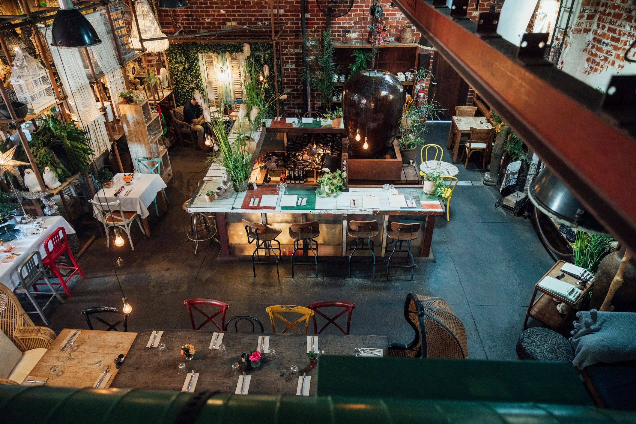 Warmly lit restaurant dining room
