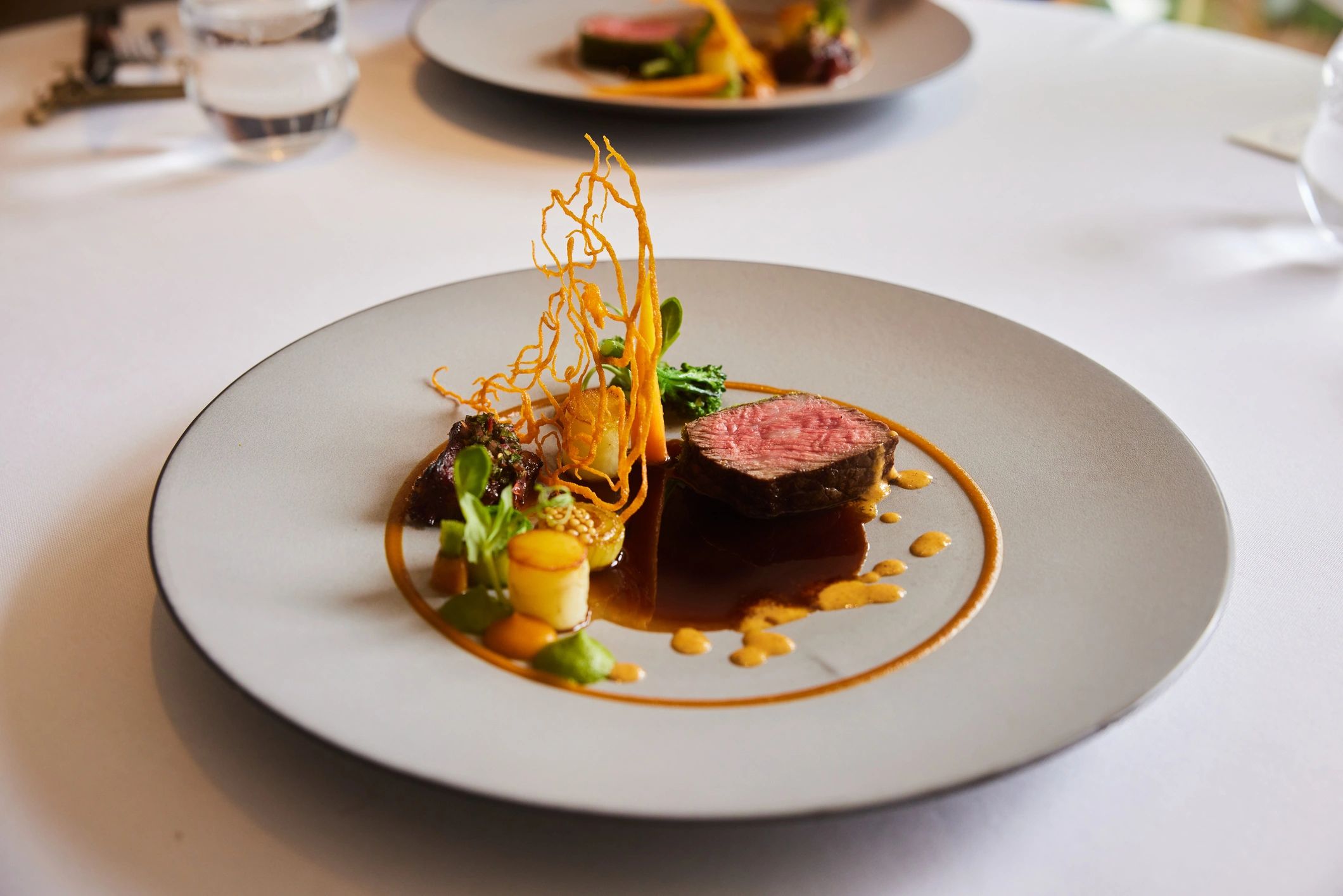 Elegant beef main dish in a fine dining restaurant