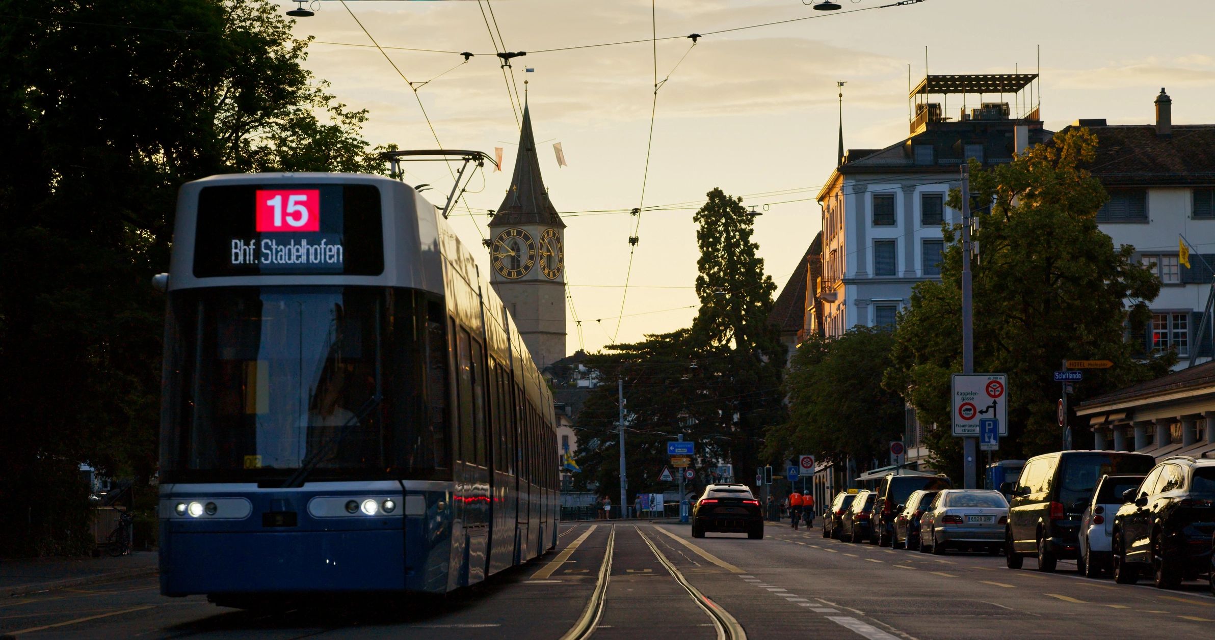 Public transportation at a Zurich intersection
