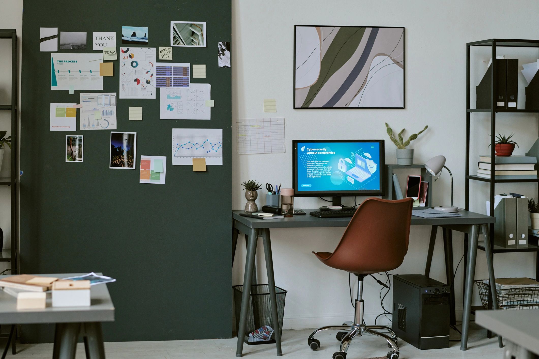 Editorial workspace with a world map